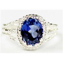 Created Blue Sapphire, 925 Sterling Silver Ring, SR070