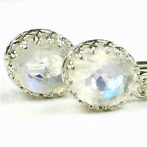 925 Sterling Silver Crown Bezel Leverback Earrings, Rainbow Moonstone, SE109
