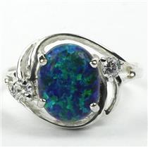 Sterling Silver Ladies Ring, Created Blue Green Opal, SR021