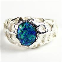 925 Sterling Silver Men's Nugget Ring, Created Blue Green Opal, SR168