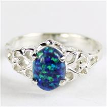 SR302, Created Blue Green Opal, 925 Sterling Silver Ring