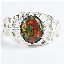 925 Sterling Silver Men's Nugget Ring, Created Black Opal, SR168