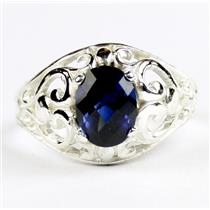 Created Blue Sapphire, 925 Sterling Silver Ladies Ring, SR111