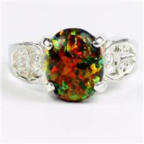 Created Black Opal, 925 Sterling Silver Ladies Ring, SR369