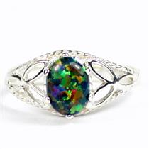 SR137, Black Created Opal, 925 Sterling Silver Ring