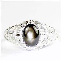 925 Sterling Silver Ladies Filigree Ring, Black Star Sapphire, SR113