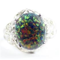 925 Sterling Silver Ladies Filigree Ring, Created Black Opal, SR114