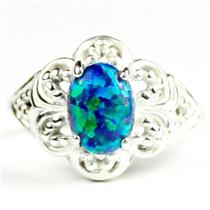 Created Blue/Green Opal, 925 Sterling Silver ladies Ring, SR125
