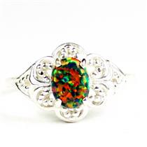 Created Black Opal, 925 Sterling Silver Ladies Ring, SR125