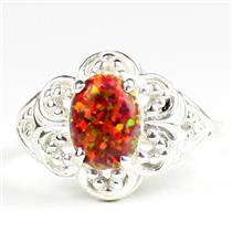 925 Sterling Silver Ladies Filigree Ring, Created Red Brown Opal, SR125
