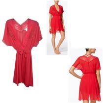 Linea Donatella Womens Juliet Lace-Trimmed Chiffon Wrap Robe Red Sz S/M New