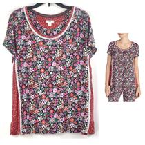 Layla Womens Boho Style Lace-Trim Pajama Top Charcoal Floral Opt Size New Lounge