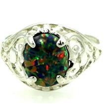 Sterling Silver Ladies Ring, Created Black Opal, SR004