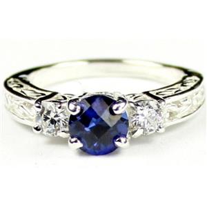 925 Sterling Silver Engagement Ring, Created Blue Sapphire w/ Accents, SR254