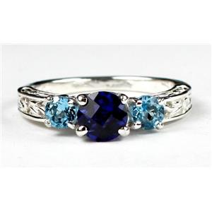 925 Sterling Silver Ring, Created Blue Sapphire, Swiss Blue Topaz Accents, SR254