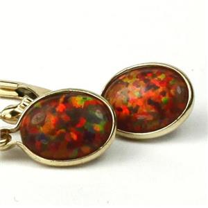 14k Gold Leverback Earrings, Created Red/Brown Opal, E001