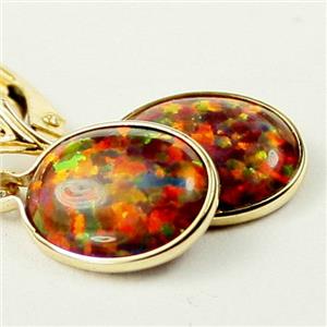 14k Gold Leverback Earrings, Created Red/Brown Opal, E101