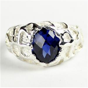 925 Sterling Silver Men's Nugget Ring, Created Blue Sapphire, SR168