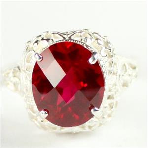 SR009,  Created Ruby, 925 Sterling Silver Antique Style Filigree Ring