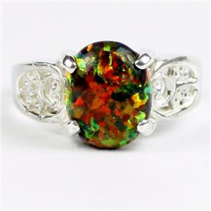 Created Black Opal, 925 Sterling Silver Ladies Ring, SR369