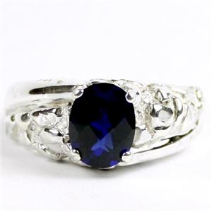 925 Sterling Silver Men's Nugget Ring, Created Blue Sapphire, SR368