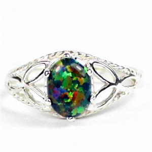 SR137, Black Created Opal, 925 Sterling Silver Ring