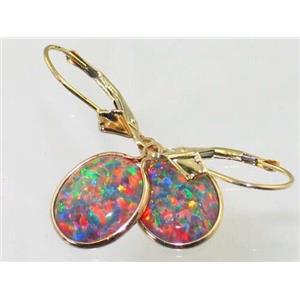 14k Gold Leverback Earrings, Created Red/Brown Opal, E201