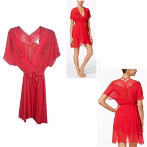 Linea Donatella Womens Juliet Lace-Trimmed Chiffon Wrap Robe Red Sz S/M New