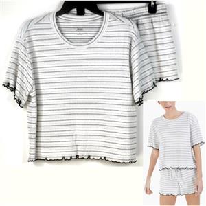Jenni Womens Crinkle Lettuce-edge Pajama Top & Shorts Set Seersucker Ch Size New