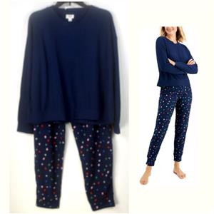 Jenni Waffle Knit Pajama Top & Jogger Pants Set Holiday Lights Blue Opt Size New