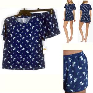 FLORA NIKROOZ Averie Rib Knit Pajama Top & Shorts Set Navy Floral Ch Size T90446