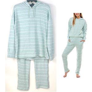 Roudelain Butter Knit Hood Top & Slim Pants Pajama Set Green Stripe Opt Size New