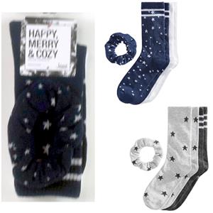 2 pr Womans Jenni Cotton Blend Crew Socks & Scrunchie Stars Choose Color New