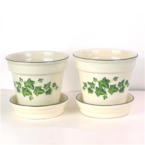 2 5" indoor Ceramic Flower Pot Planters Ivory w/ Ivy Leaf Accent