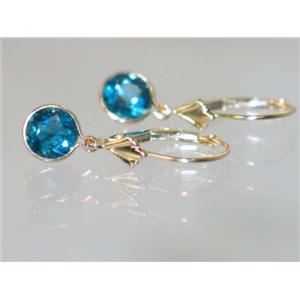 14k Gold Leverback Earrings, London Blue Topaz, E011