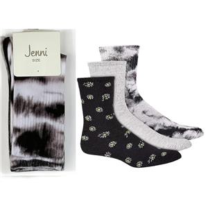 3 pr Womans Jenni Cotton Blend Crew Socks Daisy Black Gray New