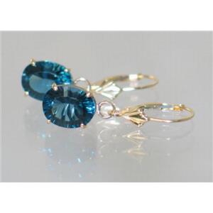 14k Gold Leverback Earrings, Quantum Cut London Blue Topaz, E107