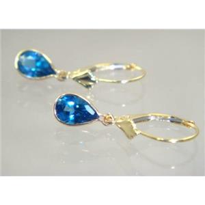 14k Gold Leverback Earrings, London Blue Topaz, E021