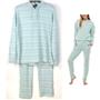 Roudelain Butter Knit Hood Top & Slim Pants Pajama Set Green Stripe Opt Size New
