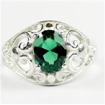 925 Sterling Silver Ladies Filigree Ring, Russian Nanocrystal Emerald, SR111