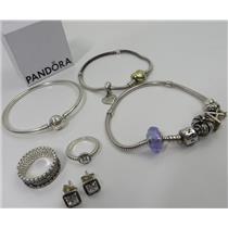 Pandora 925 Silver Jewelry - 3 Bracelets W/ Charms / 2 Rings / Earrings - 63.90g