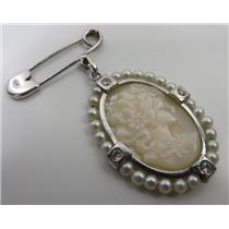 18K White Gold Safety Pin Cameo Brooch W/ Pearls & Unknown Clear Stones - 5.50g