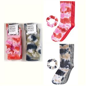 2 pr Womans Jenni Cotton Blend Tie-dye Crew Socks & Scrunchie Choose Color New