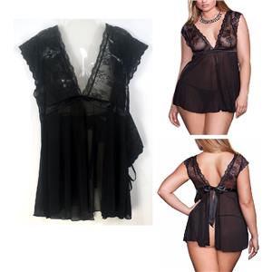 iCollection Lace & Mesh Open Back Babydoll Nightgown w/ G-string Black 3X 8199X